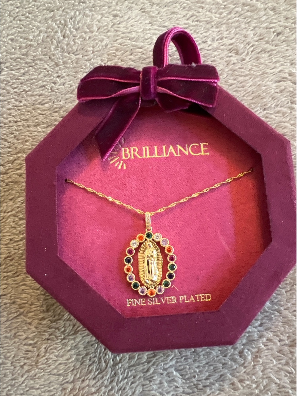 Brilliance Fine Silver Plated Religious Pendant Necklace with Multicolor Stones